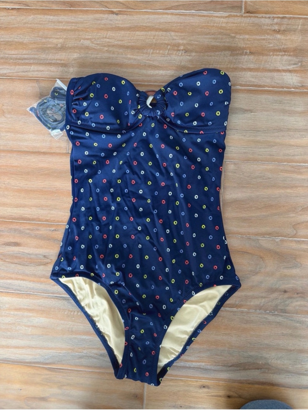 J.Crew Navy Multicolor Ring Print Strapless One Piece Swimsuit 0 NWOT